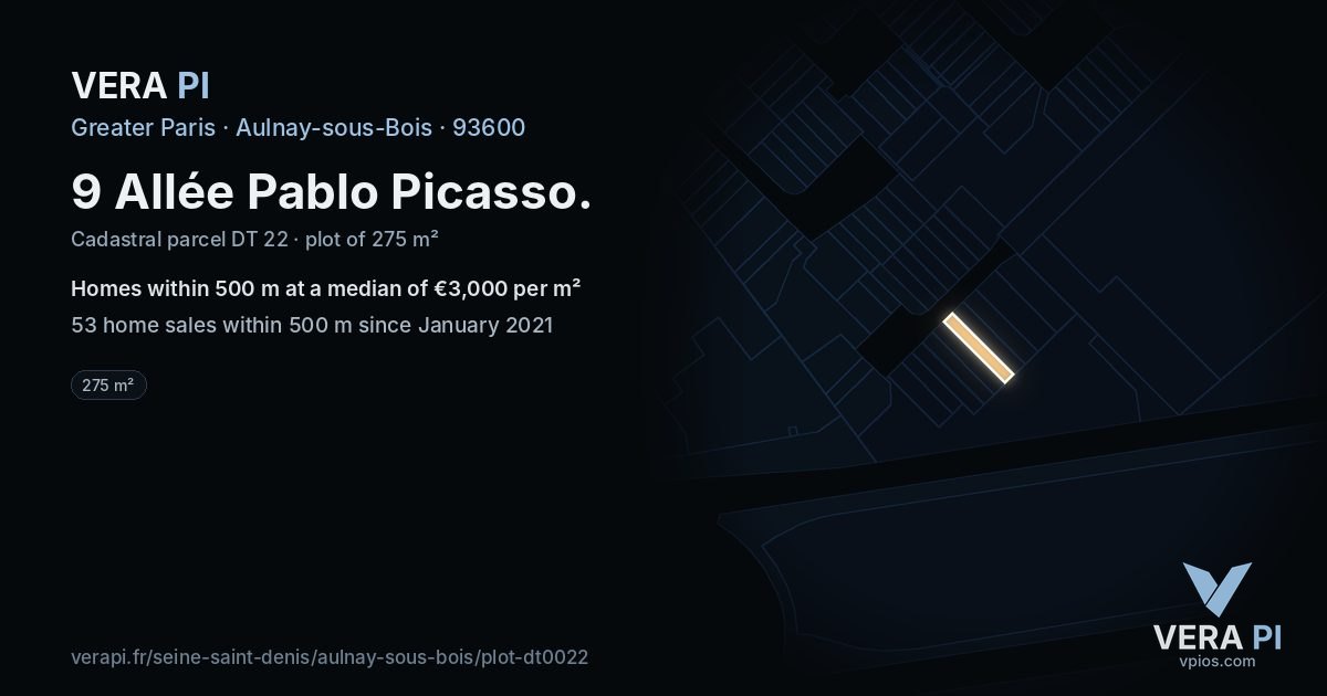 9 Allée Pablo Picasso, Aulnay-sous-Bois at night – the plot lit, the parcels around coloured by the prices near them
