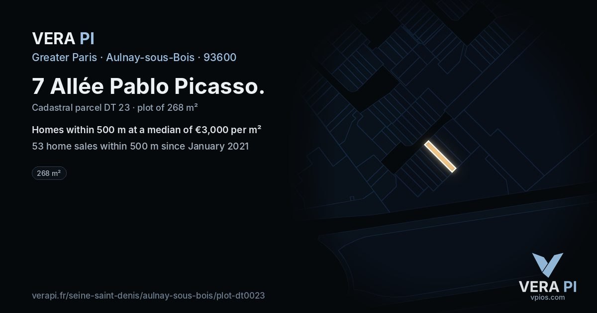 7 Allée Pablo Picasso, Aulnay-sous-Bois at night – the plot lit, the parcels around coloured by the prices near them