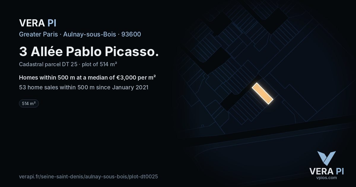 3 Allée Pablo Picasso, Aulnay-sous-Bois at night – the plot lit, the parcels around coloured by the prices near them