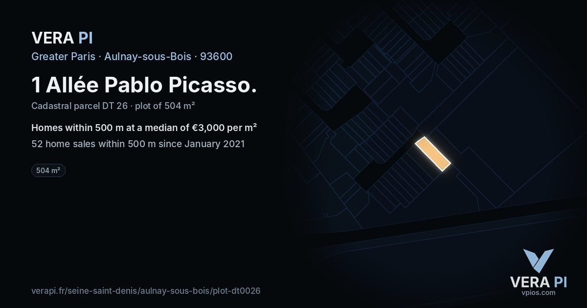 1 Allée Pablo Picasso, Aulnay-sous-Bois at night – the plot lit, the parcels around coloured by the prices near them