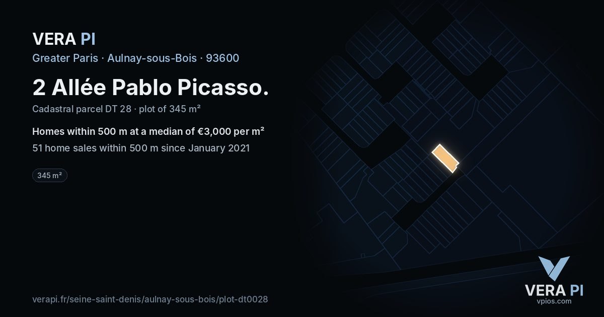 2 Allée Pablo Picasso, Aulnay-sous-Bois at night – the plot lit, the parcels around coloured by the prices near them