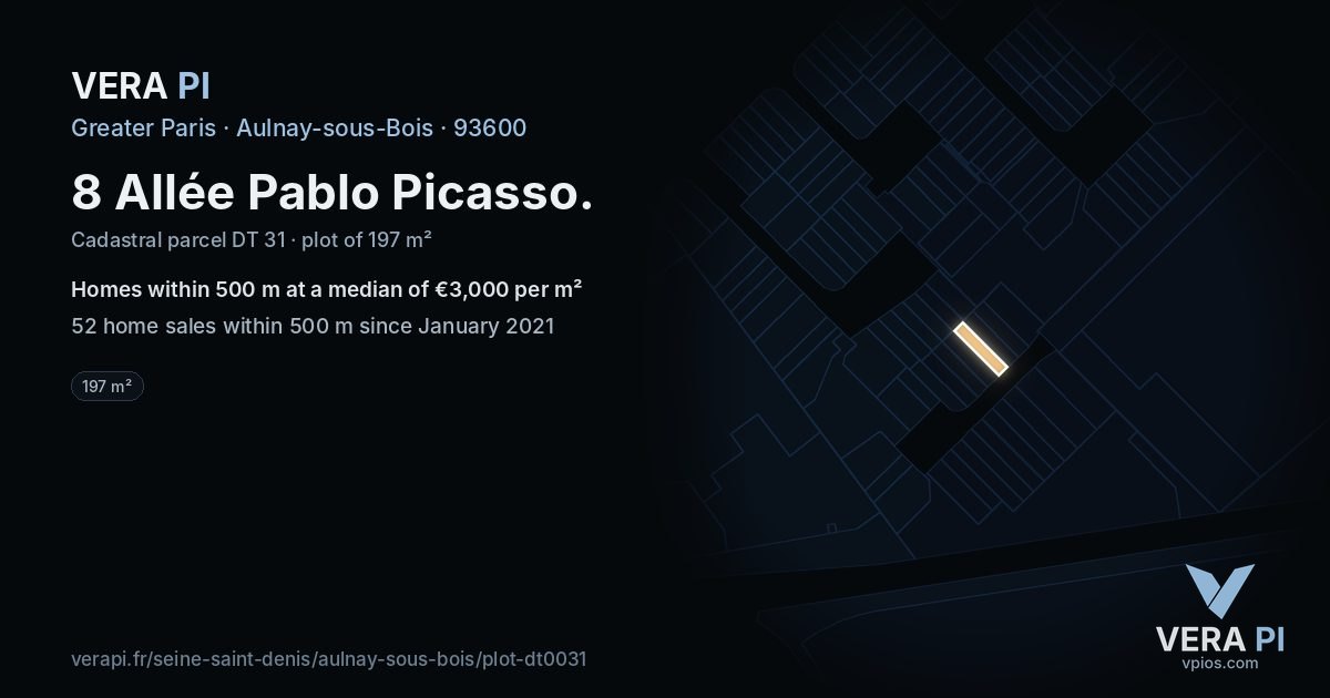 8 Allée Pablo Picasso, Aulnay-sous-Bois at night – the plot lit, the parcels around coloured by the prices near them