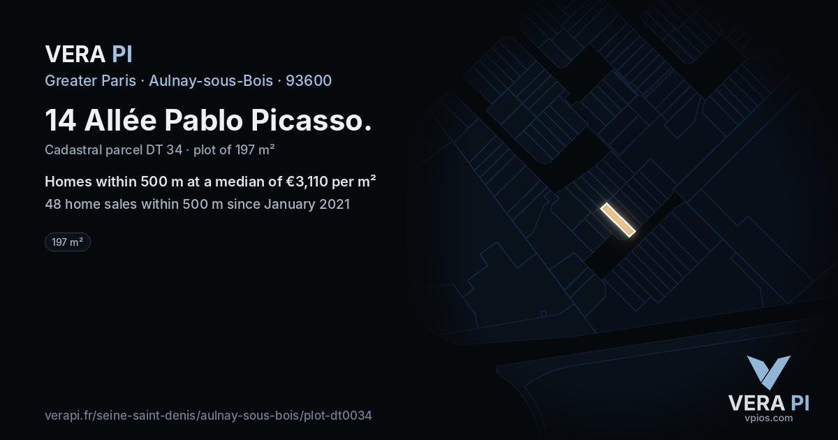 14 Allée Pablo Picasso, Aulnay-sous-Bois at night – the plot lit, the parcels around coloured by the prices near them