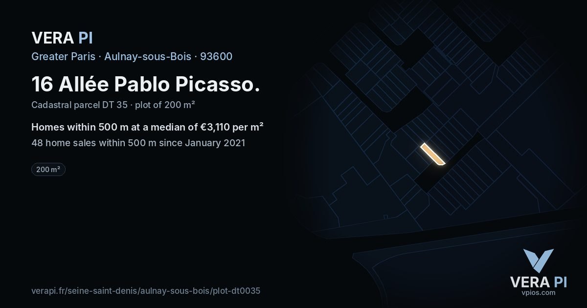 16 Allée Pablo Picasso, Aulnay-sous-Bois at night – the plot lit, the parcels around coloured by the prices near them