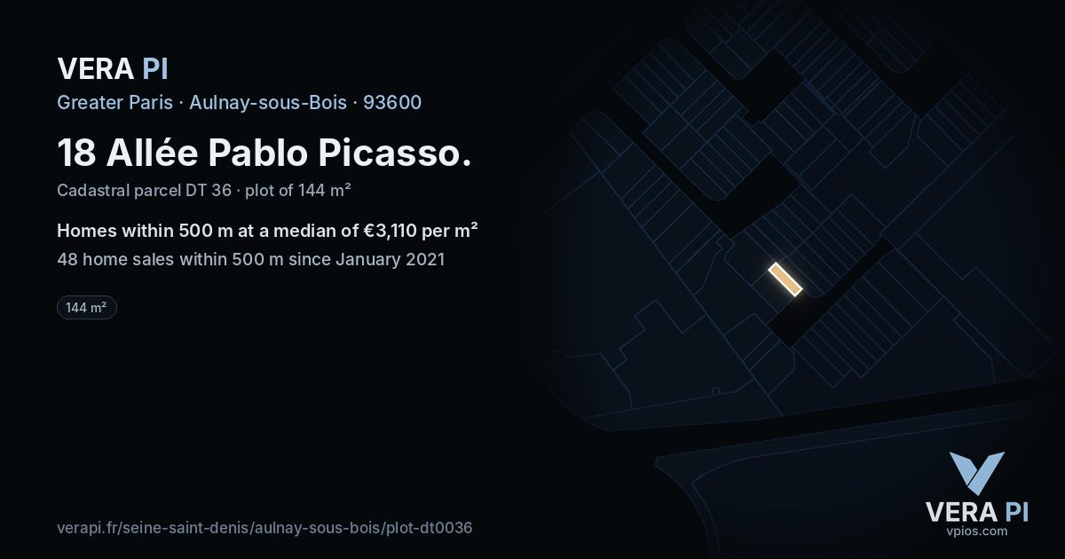 18 Allée Pablo Picasso, Aulnay-sous-Bois at night – the plot lit, the parcels around coloured by the prices near them