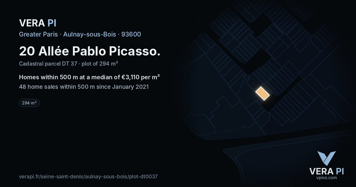 20 Allée Pablo Picasso, Aulnay-sous-Bois at night – the plot lit, the parcels around coloured by the prices near them