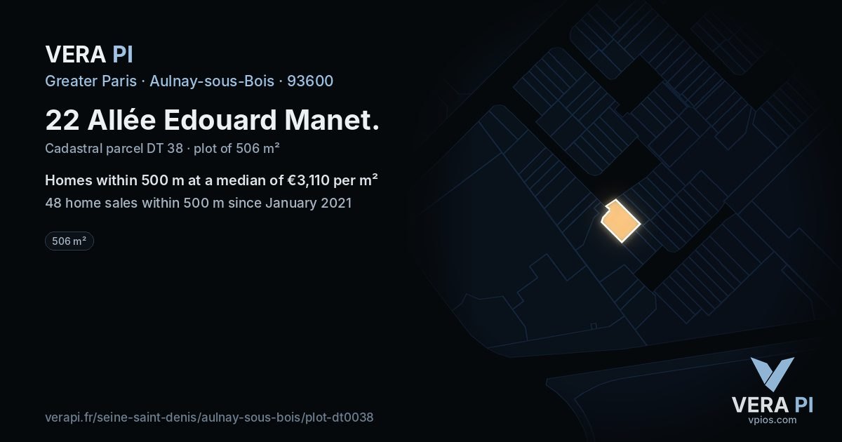 22 Allée Edouard Manet, Aulnay-sous-Bois at night – the plot lit, the parcels around coloured by the prices near them