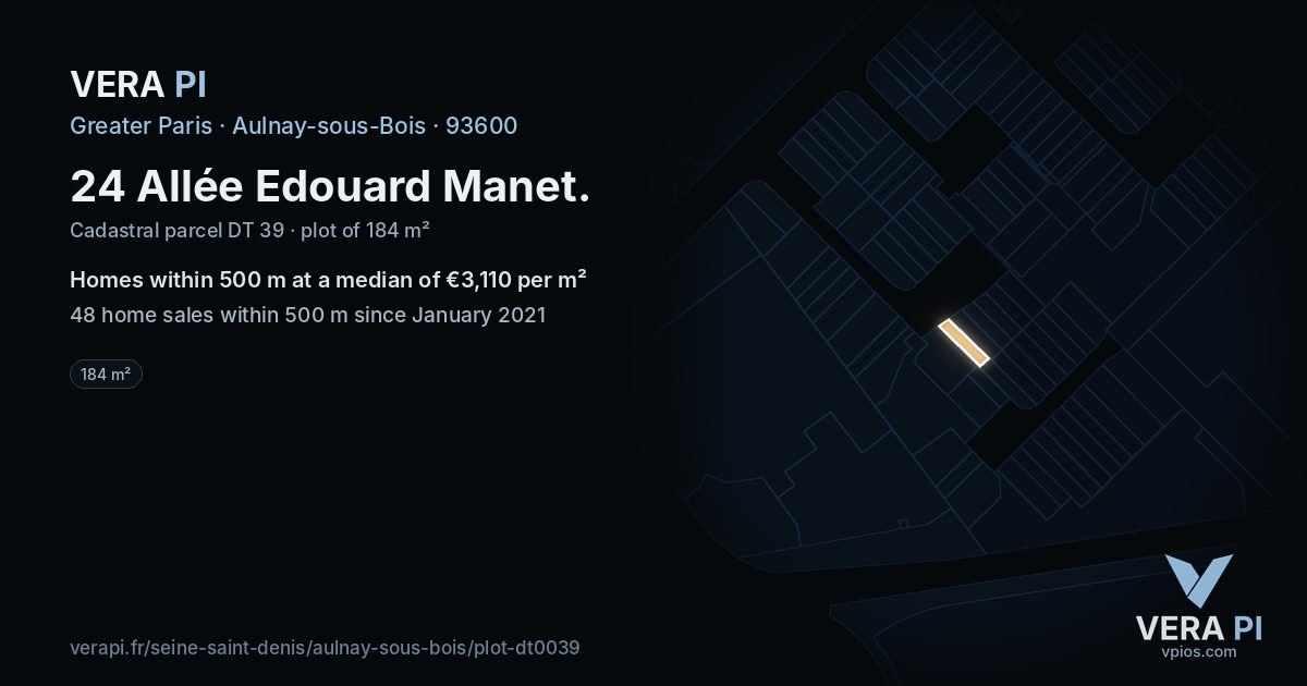 24 Allée Edouard Manet, Aulnay-sous-Bois at night – the plot lit, the parcels around coloured by the prices near them