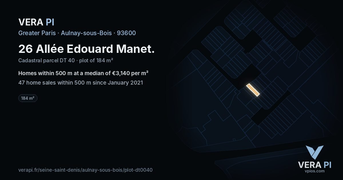 26 Allée Edouard Manet, Aulnay-sous-Bois at night – the plot lit, the parcels around coloured by the prices near them