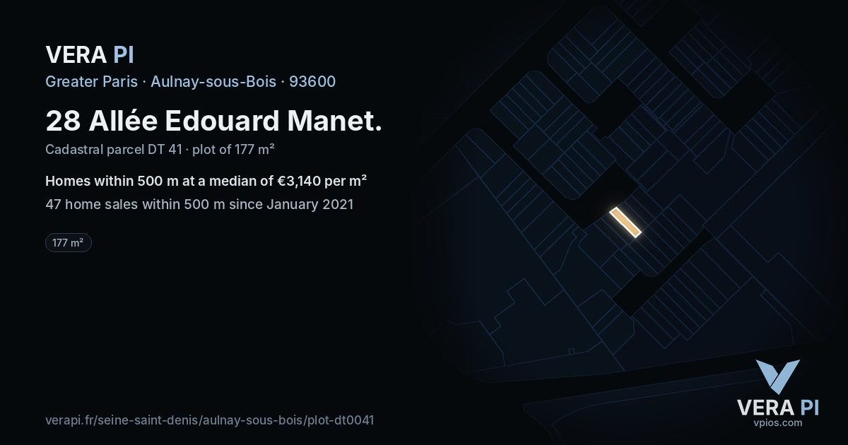 28 Allée Edouard Manet, Aulnay-sous-Bois at night – the plot lit, the parcels around coloured by the prices near them