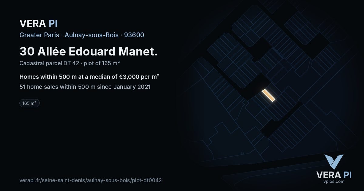 30 Allée Edouard Manet, Aulnay-sous-Bois at night – the plot lit, the parcels around coloured by the prices near them