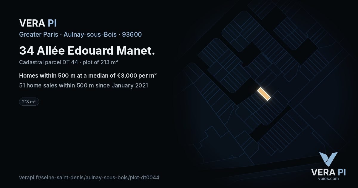 34 Allée Edouard Manet, Aulnay-sous-Bois at night – the plot lit, the parcels around coloured by the prices near them