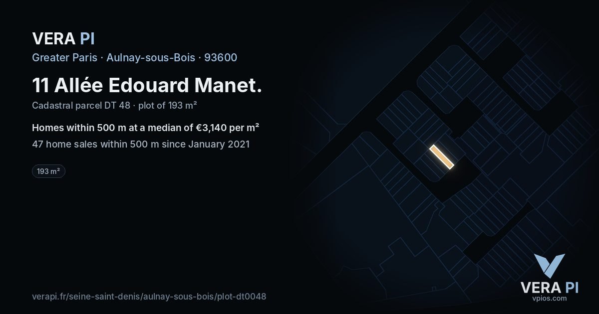 11 Allée Edouard Manet, Aulnay-sous-Bois at night – the plot lit, the parcels around coloured by the prices near them