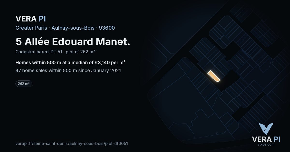 5 Allée Edouard Manet, Aulnay-sous-Bois at night – the plot lit, the parcels around coloured by the prices near them