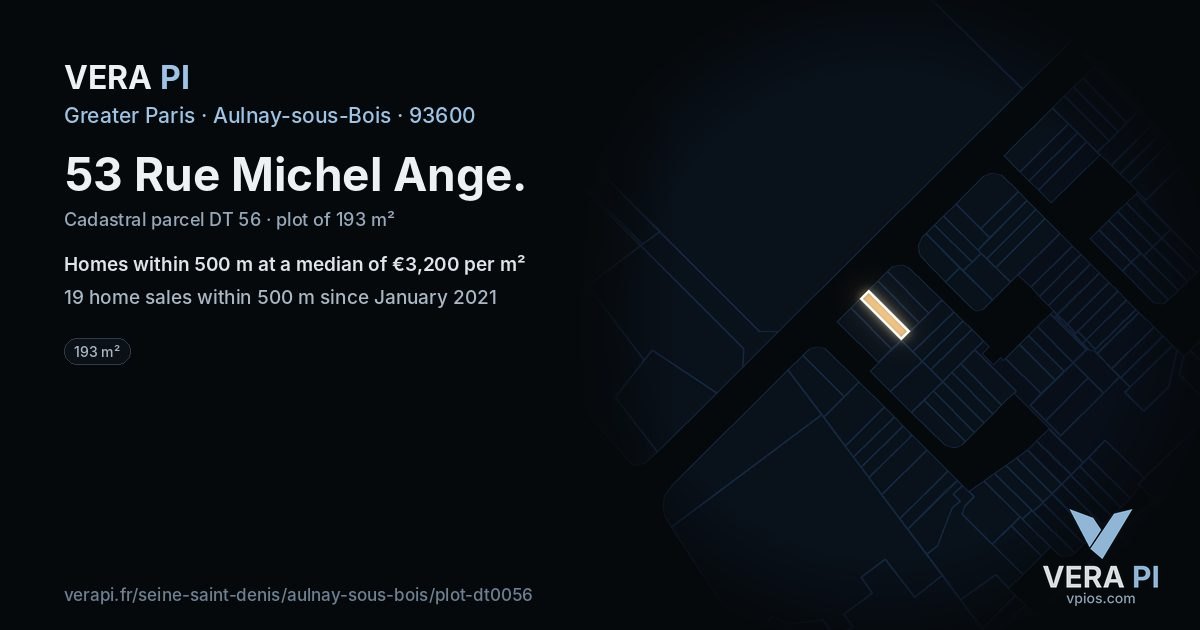 53 Rue Michel Ange, Aulnay-sous-Bois at night – the plot lit, the parcels around coloured by the prices near them