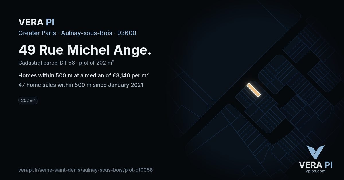 49 Rue Michel Ange, Aulnay-sous-Bois at night – the plot lit, the parcels around coloured by the prices near them