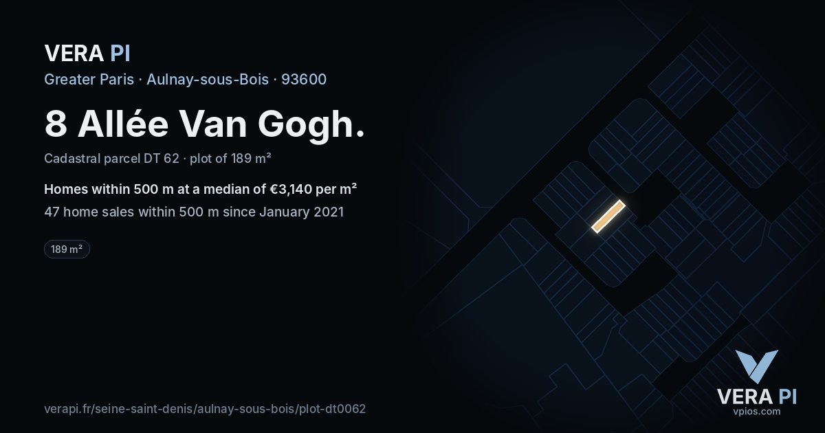 8 Allée Van Gogh, Aulnay-sous-Bois at night – the plot lit, the parcels around coloured by the prices near them