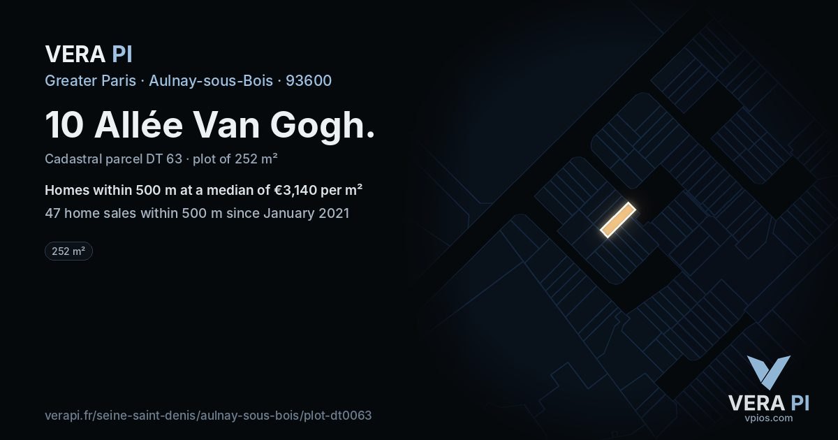 10 Allée Van Gogh, Aulnay-sous-Bois at night – the plot lit, the parcels around coloured by the prices near them