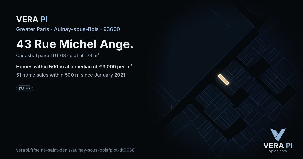 43 Rue Michel Ange, Aulnay-sous-Bois at night – the plot lit, the parcels around coloured by the prices near them