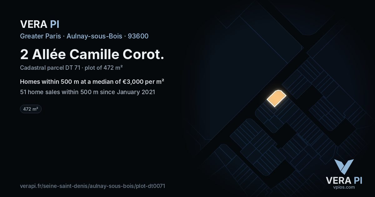 2 Allée Camille Corot, Aulnay-sous-Bois at night – the plot lit, the parcels around coloured by the prices near them