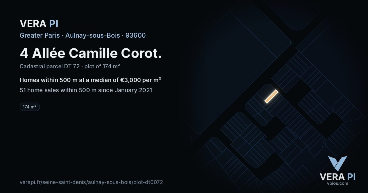 4 Allée Camille Corot, Aulnay-sous-Bois at night – the plot lit, the parcels around coloured by the prices near them