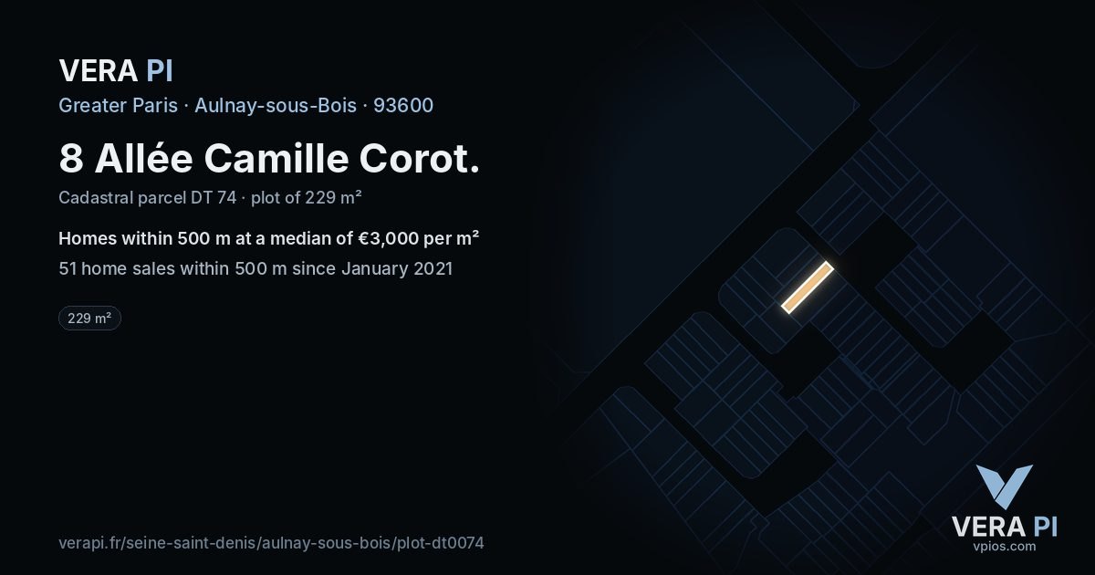 8 Allée Camille Corot, Aulnay-sous-Bois at night – the plot lit, the parcels around coloured by the prices near them