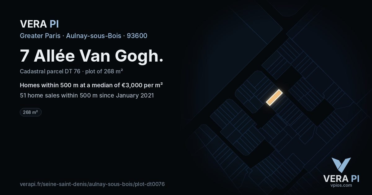 7 Allée Van Gogh, Aulnay-sous-Bois at night – the plot lit, the parcels around coloured by the prices near them