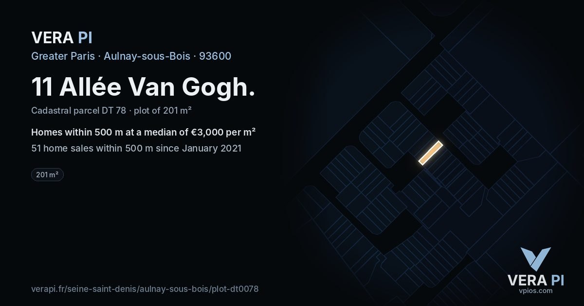 11 Allée Van Gogh, Aulnay-sous-Bois at night – the plot lit, the parcels around coloured by the prices near them