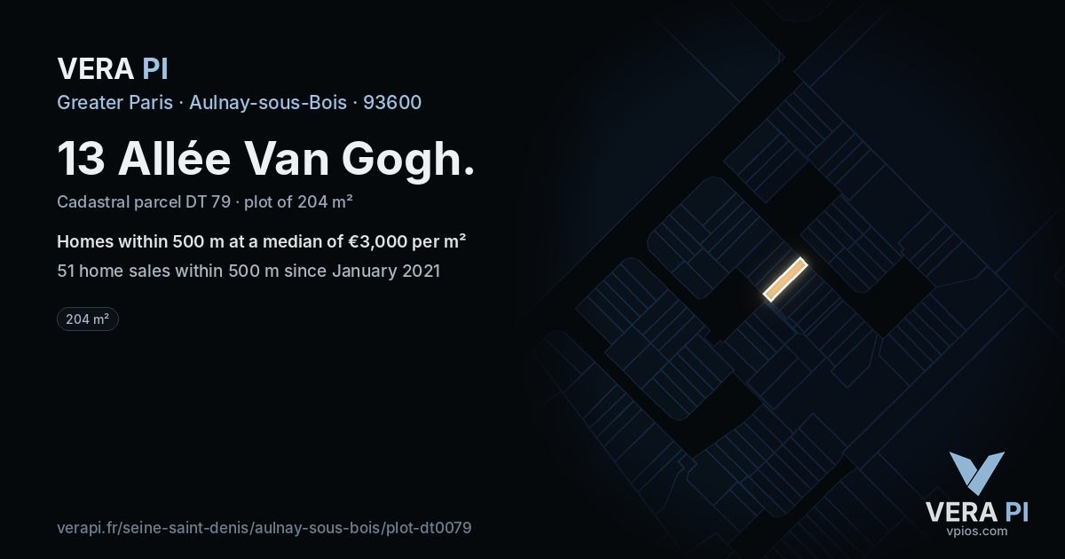 13 Allée Van Gogh, Aulnay-sous-Bois at night – the plot lit, the parcels around coloured by the prices near them