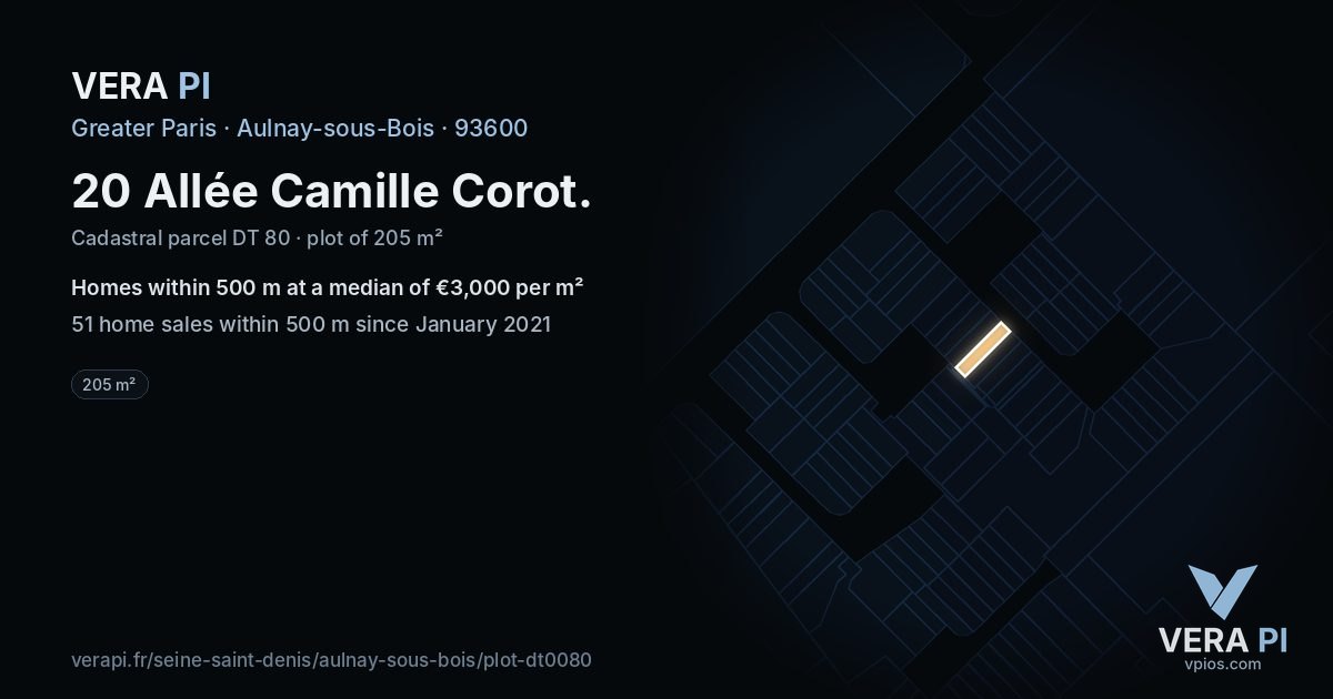 20 Allée Camille Corot, Aulnay-sous-Bois at night – the plot lit, the parcels around coloured by the prices near them