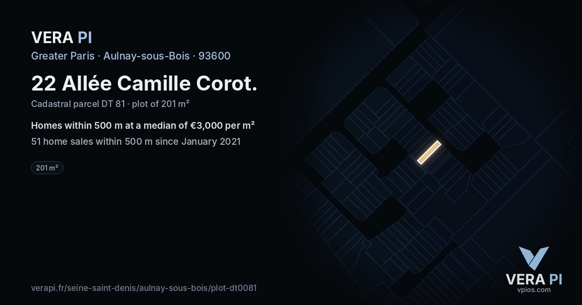 22 Allée Camille Corot, Aulnay-sous-Bois at night – the plot lit, the parcels around coloured by the prices near them