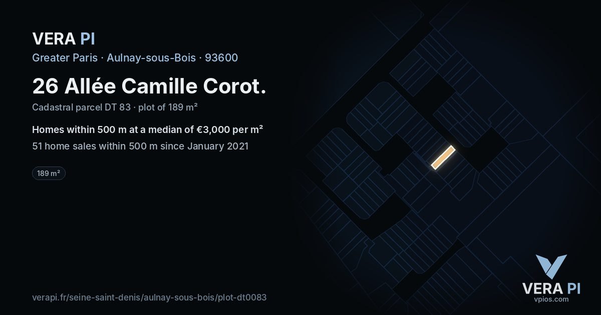 26 Allée Camille Corot, Aulnay-sous-Bois at night – the plot lit, the parcels around coloured by the prices near them