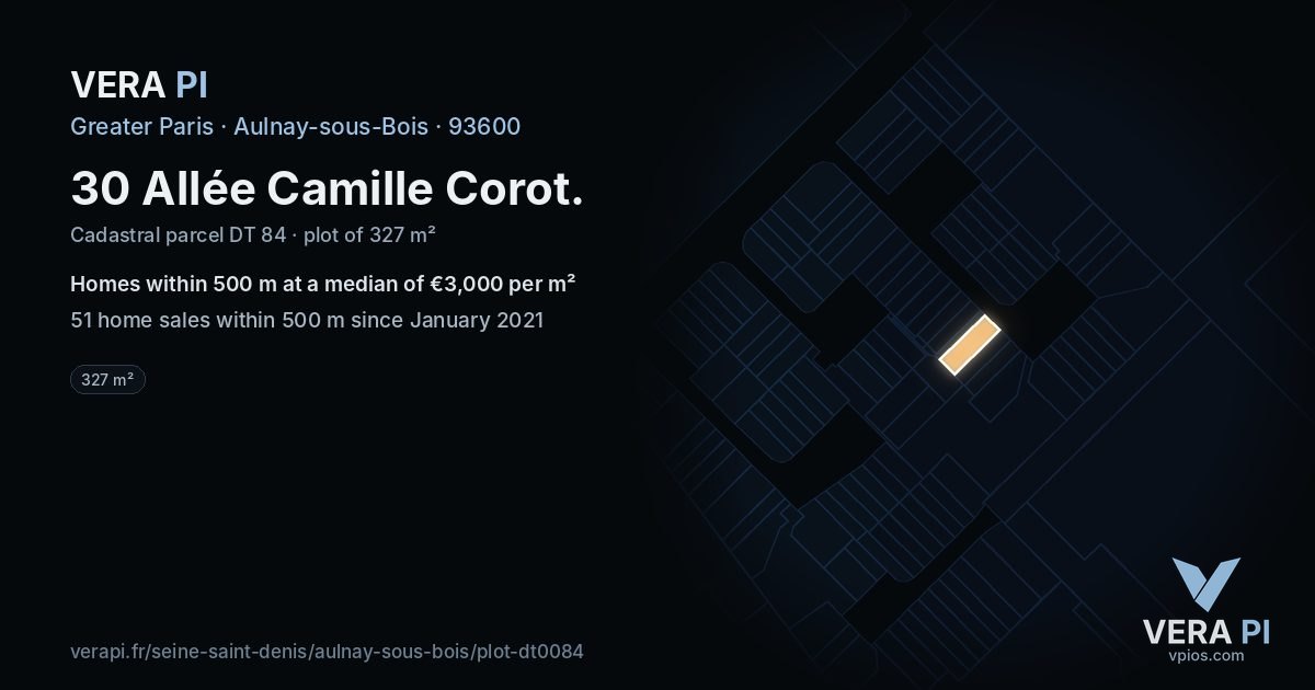 30 Allée Camille Corot, Aulnay-sous-Bois at night – the plot lit, the parcels around coloured by the prices near them