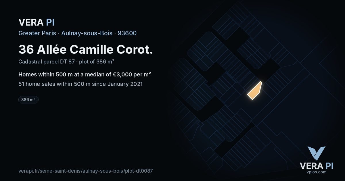 36 Allée Camille Corot, Aulnay-sous-Bois at night – the plot lit, the parcels around coloured by the prices near them