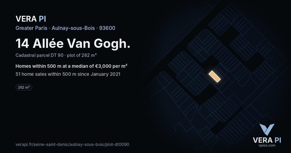 14 Allée Van Gogh, Aulnay-sous-Bois at night – the plot lit, the parcels around coloured by the prices near them