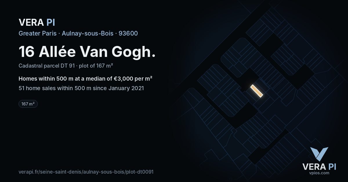 16 Allée Van Gogh, Aulnay-sous-Bois at night – the plot lit, the parcels around coloured by the prices near them