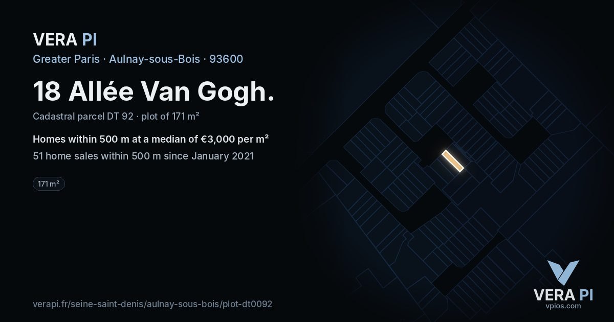 18 Allée Van Gogh, Aulnay-sous-Bois at night – the plot lit, the parcels around coloured by the prices near them