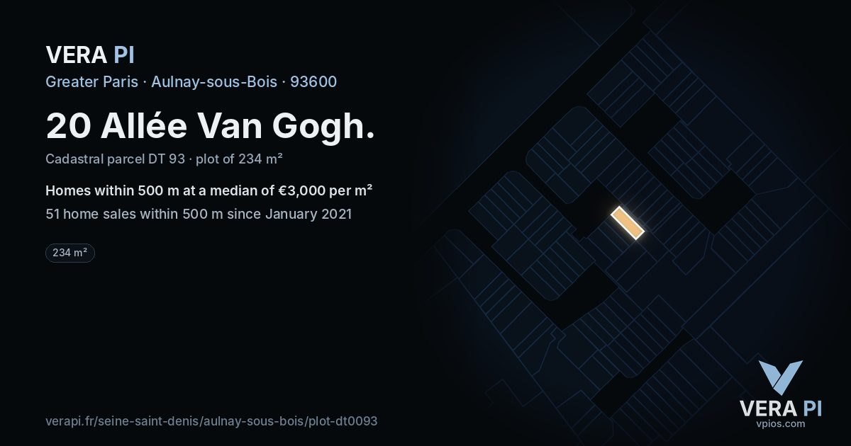 20 Allée Van Gogh, Aulnay-sous-Bois at night – the plot lit, the parcels around coloured by the prices near them