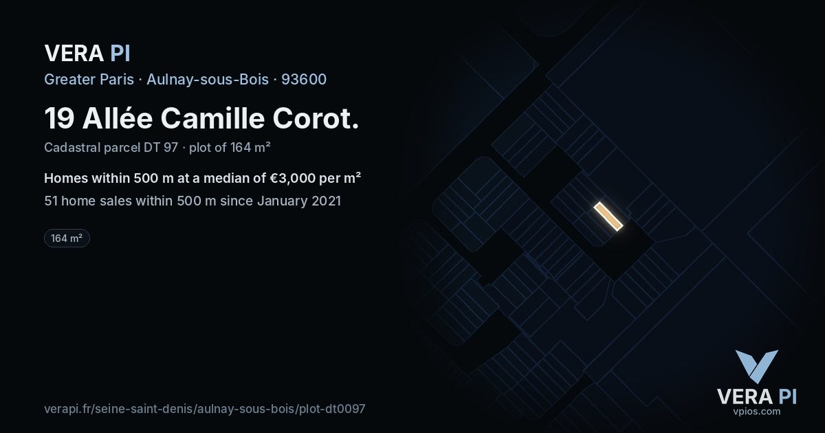 19 Allée Camille Corot, Aulnay-sous-Bois at night – the plot lit, the parcels around coloured by the prices near them