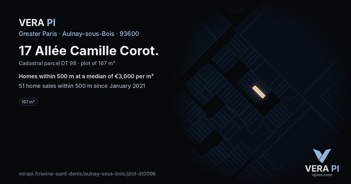 17 Allée Camille Corot, Aulnay-sous-Bois at night – the plot lit, the parcels around coloured by the prices near them
