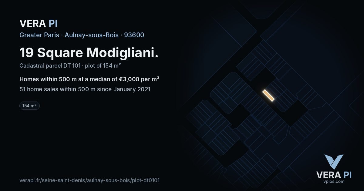19 Square Modigliani, Aulnay-sous-Bois at night – the plot lit, the parcels around coloured by the prices near them