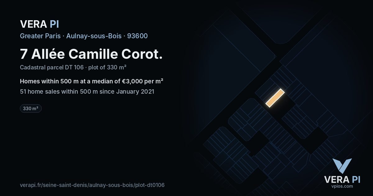 7 Allée Camille Corot, Aulnay-sous-Bois at night – the plot lit, the parcels around coloured by the prices near them