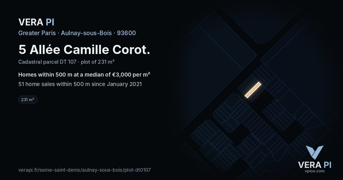 5 Allée Camille Corot, Aulnay-sous-Bois at night – the plot lit, the parcels around coloured by the prices near them