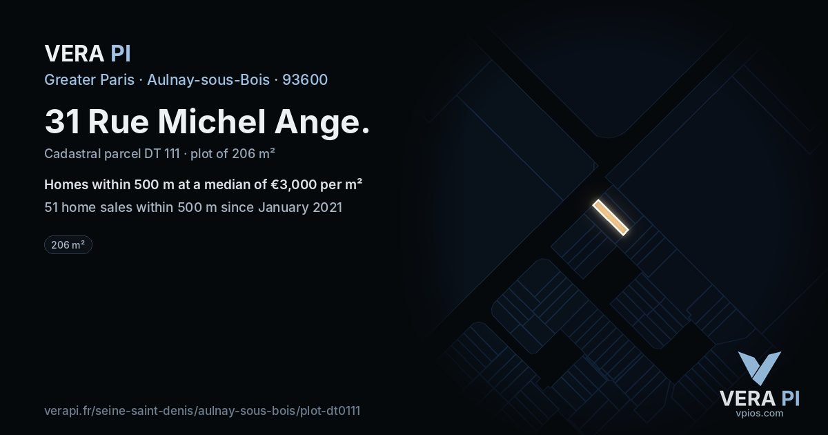 31 Rue Michel Ange, Aulnay-sous-Bois at night – the plot lit, the parcels around coloured by the prices near them