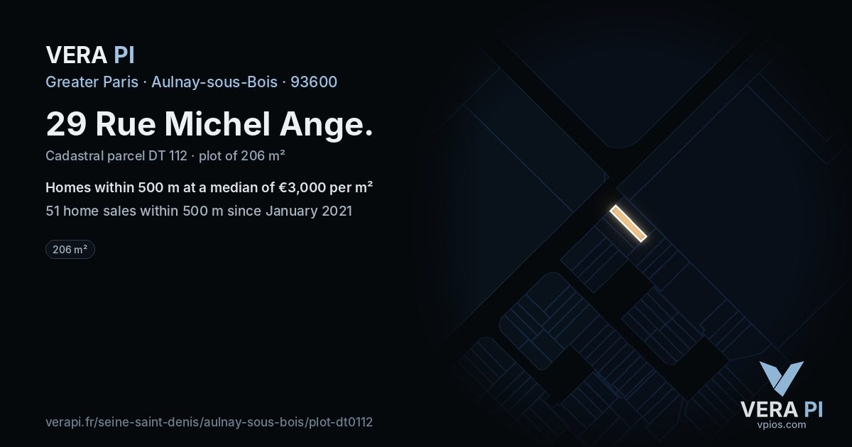 29 Rue Michel Ange, Aulnay-sous-Bois at night – the plot lit, the parcels around coloured by the prices near them