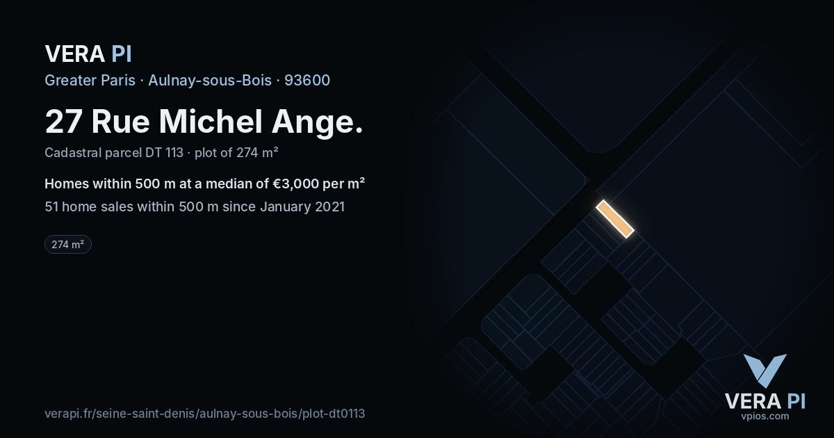 27 Rue Michel Ange, Aulnay-sous-Bois at night – the plot lit, the parcels around coloured by the prices near them