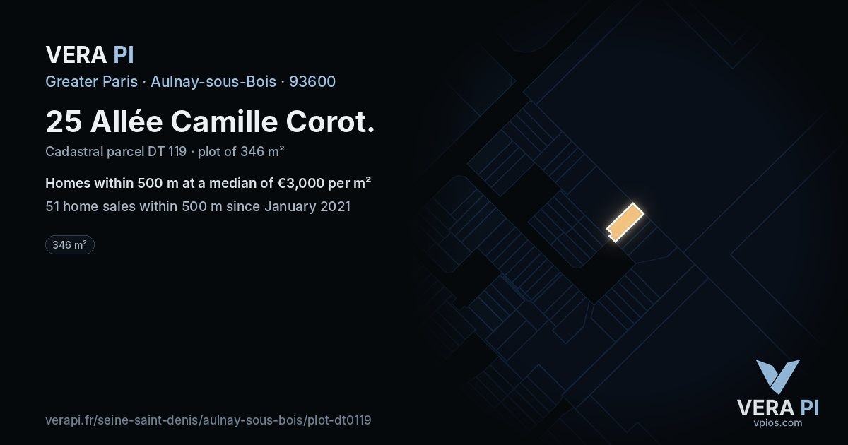 25 Allée Camille Corot, Aulnay-sous-Bois at night – the plot lit, the parcels around coloured by the prices near them