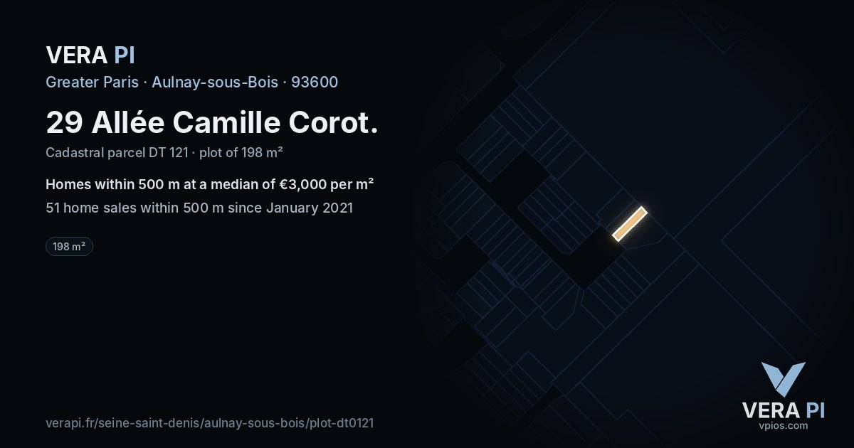 29 Allée Camille Corot, Aulnay-sous-Bois at night – the plot lit, the parcels around coloured by the prices near them