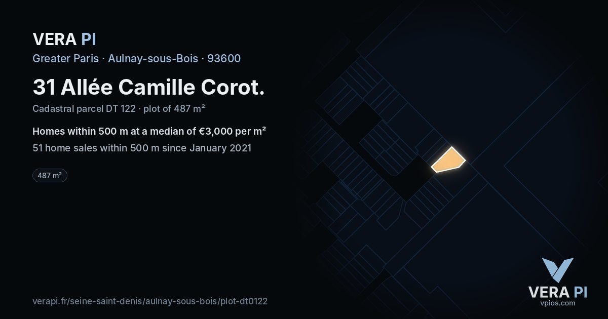 31 Allée Camille Corot, Aulnay-sous-Bois at night – the plot lit, the parcels around coloured by the prices near them