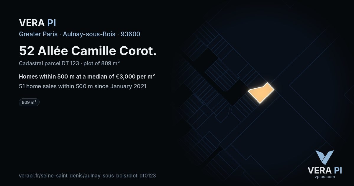 52 Allée Camille Corot, Aulnay-sous-Bois at night – the plot lit, the parcels around coloured by the prices near them